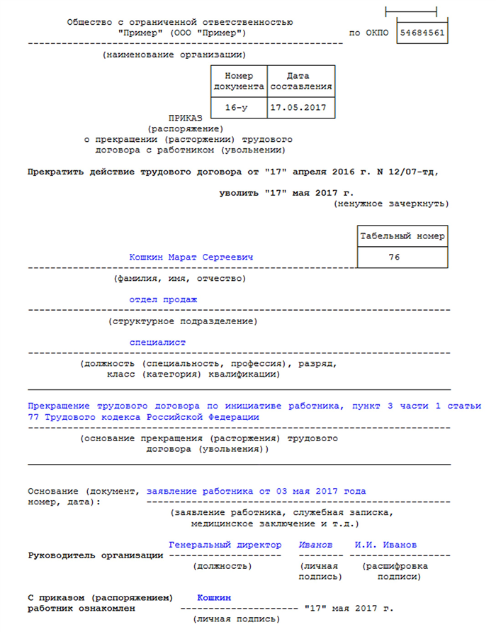 Приказ об увольнении работника по инициативе работника образец