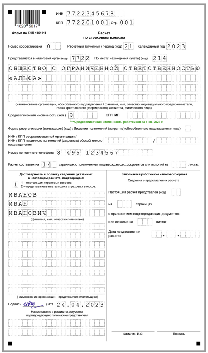 Образец заполнения РСВ за 1 квартал 2025 года