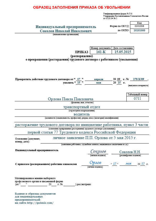 Увольнение работника индивидуальным предпринимателем. Приказ об увольнении пример заполнения. Пример приказа о увольнении работника.